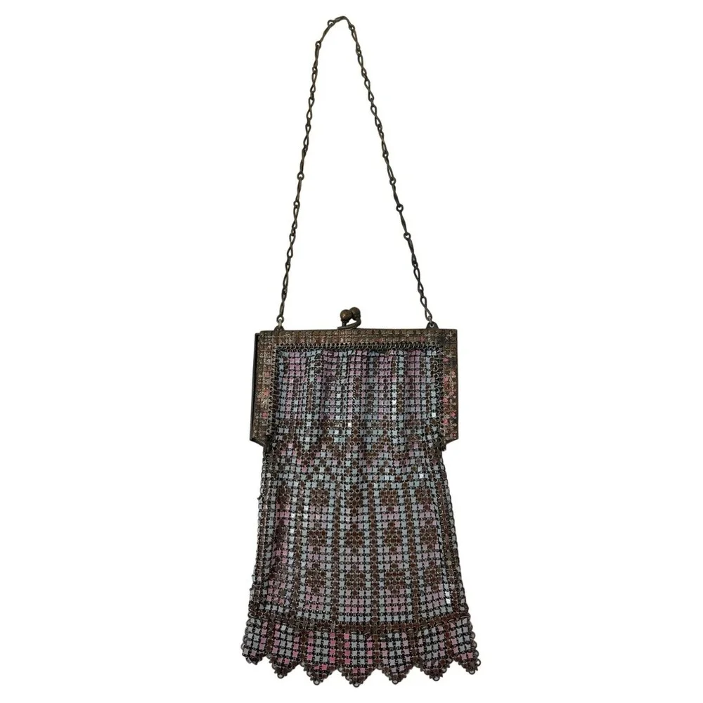 Whiting Davis Flapper‎ Purse Chain Mail Metal Mesh Pink Blue Handbag 1920s